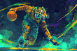 Vibrant digital art of a tiger in motion dribbling a basketball, set against a colorful, energetic abstract background.