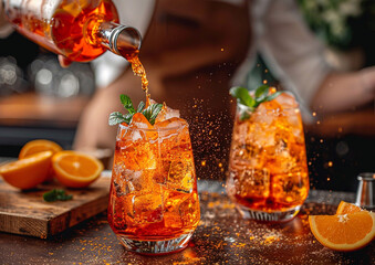 Wall Mural - Bartender pouring spritz into glass with ice cubes and preparing summer spritz cocktail on bar counter.Macro.AI Generative.