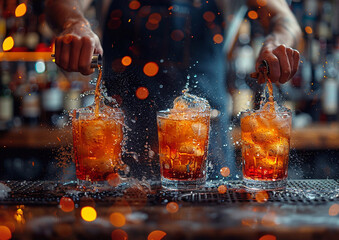 Wall Mural - Bartender preparing spritz cocktail, pouring spritz into glass with ice cubes on bar counter.Macro.AI Generative.