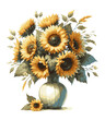 A bouquet of sunflowers in a vase, vector illustration. 
Watercolor, clipart, ideal for your design.