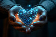  Blue Heart Shape Network in Hands - health data - information exchange - data visualization - love as virtual gift