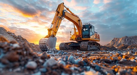 Wall Mural - Excavator digging soil on new construction site with blue sky view.Macro.AI Generative.