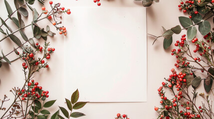 Wall Mural - top view of red berries leaves and white card with copy space