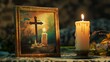 cross stitched picture with candle and cross depicted in it is on the table with a burning candle.  