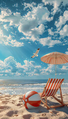 Canvas Print - Vertical recreation of a lounger beach, a beach umbrella and a beach ball, in a desert paradisiac beach	