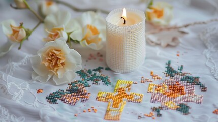 Canvas Print - white candle and flowers on a cross stitched table cloth. 