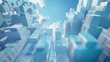 Blue background, white sky with skyscrapers made of cubes in the style of low poly. 
