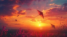 A Beautiful Sunset With Kites Flying In The Sky. The Kites Are Of Different Shapes And Sizes, And They Are Scattered Throughout The Sky. The Scene Is Peaceful And Serene