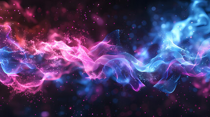 abstract glowing pink and blue fire particles on black background banner design with copy space area