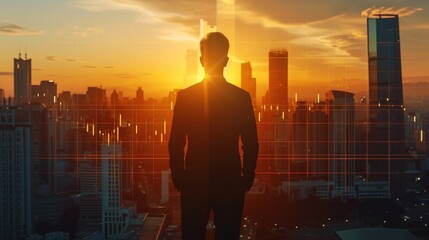 Fototapete - A man stands in the middle of a city at sunset. The city is lit up with lights, creating a warm and inviting atmosphere. The man is looking up at the sky, taking in the beauty of the sunset