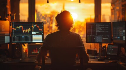 Fototapete - A man is sitting at a desk with a computer monitor in front of him. The monitor displays a stock market graph. The man is looking at the graph intently. The room is dimly lit