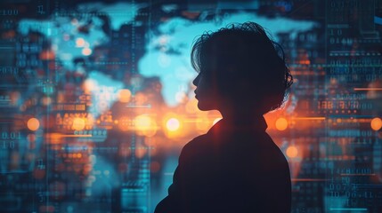 Poster - A woman is standing in front of a computer screen with a city in the background. The image is a representation of the digital world and the woman's presence in it. Scene is somewhat mysterious