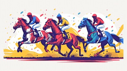 Three jockeys are shown rushing with their horses in this flat, bright vector illustration of a horse racing competition.