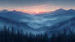 Vector illustration of beautiful dark blue mountain landscape with fog and forest. sunrise and sunset in mountains.