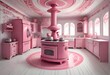 Pink Toy Kitchen Interior with Detailed Appliances, Generative AI