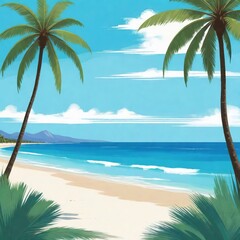 Wall Mural - Tropical beach with palm trees and sea in painting style. summer holiday graphics, cheerful happy and festive design. Summer background