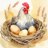 Fototapeta  - Namalowana kura w gnieździe siedząca na jajkach ilustracja