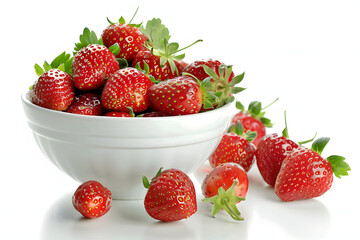 Wall Mural - a white bowl of fresh strawberries isolated on white