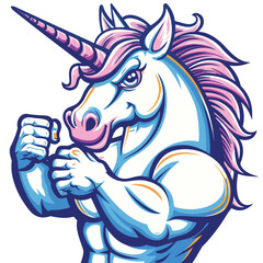 Wall Mural - Strong angry unicorn mascot flexing its arm