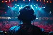 View from the rear of professional cybersport gamers donning headphones. Generative Ai
