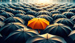 Numerous black umbrellas with a single orange one, photographic style, blurred cityscape in the background, concept of uniqueness. Generative AI