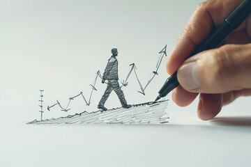 Poster - Hand drawing a man walking up a sketch of growth charts on a white background, concept of business progress. Generative AI