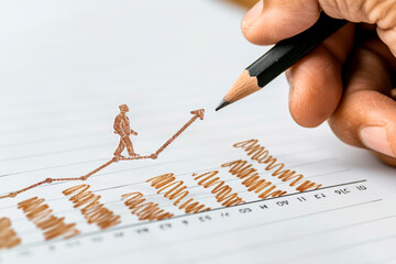 Aufkleber - Hand drawing a pencil sketch of a person ascending an uptrend graph, light background, concept of growth. Generative AI