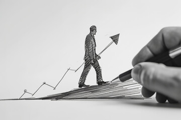 Poster - A sketch of a person holding a graph arrow on a growth chart, drawn by a hand with a pen, white background, symbolizing positive business progress. Generative AI