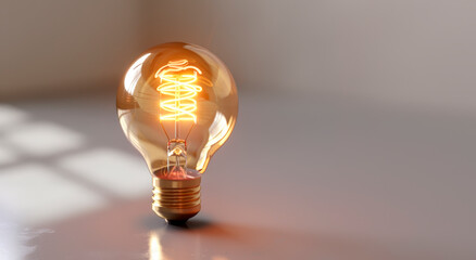 Poster - Glowing lightbulb on a smooth surface against a blurred background, symbolizing a bright idea or a creative concept. Generative AI