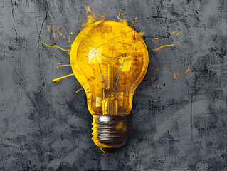 Wall Mural - A vibrant yellow lightbulb with splashes of paint, on a textured grey background, symbolizing a bright idea, Generative AI. Generative AI