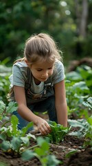 Poster - Young Girl Tending to Community Vegetable Garden Nurturing Growth and Sustainability
