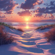Hyper realistic scenic photograph of a beach with sun set
