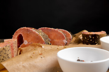 Wall Mural - raw fish with red meat during cooking