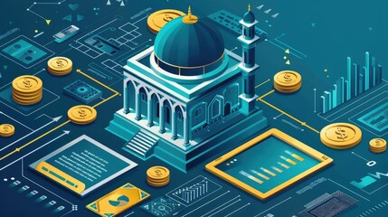 Poster - Ethical Finance Principles Visualized in Futuristic Islamic Architecture Infographic