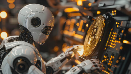 Poster - A robot is working on a computer monitor with a large gold coin on it
