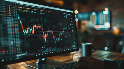 Poster - A person is typing on a computer monitor that displays a graph of stock prices. The graph shows a downward trend, which may indicate a potential loss for investors