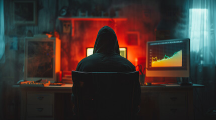 Wall Mural - A man is sitting in front of a computer with a hood over his head