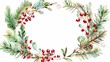 Watercolor wreath of winterberries and fir in a rectangle frame, holiday theme,