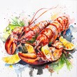 Artistic watercolor of a succulent lobster tail, premium seafood, on a white background