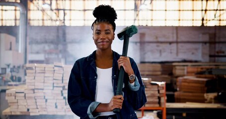 Canvas Print - Tools, construction and face of black woman in warehouse for engineering, distribution and building. Dust, factory and portrait of person with hammer for production, infrastructure and manufacturing