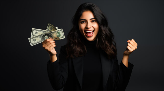 Portrait of a cheerful young woman holding money banknotes. Young woman holding cash dollars and looking happy at camera. Credit and loan concept