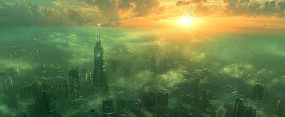 Wall Mural - A wide-angle shot of a futuristic city panorama in a haze against a sunset sky. Fantasy illustration in cyberpunk style. Futuristic city scene in a style of sci-fi art. 80's wallpaper.