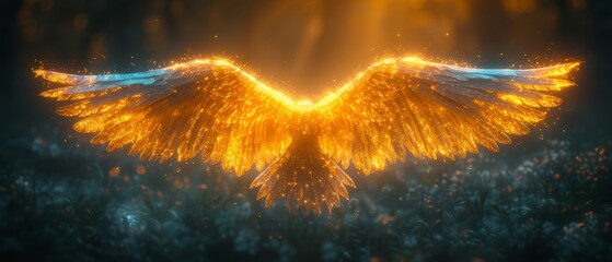 a digital painting of a large yellow bird with wings spread out of it's body and wings spread out of