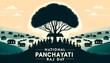 Illustration for national panchayati raj day with a silhouette of a group of people sitting under a tree.
