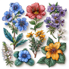 Wall Mural - Watercolor flowers. Set Watercolor of multicolored colorful soft flowers. Flowers are isolated on a white background. Flowers pastel colors