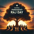 Illustration with a group of people silhouettes united under a large tree for panchayati raj day.