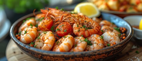 Wall Mural - a bowl filled with cooked shrimp next to a plate of lemon wedges and a bowl of lemon wedges.