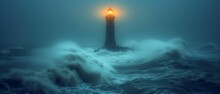 A Lighthouse In The Middle Of The Ocean With A Light On Top Of It In The Middle Of A Storm.