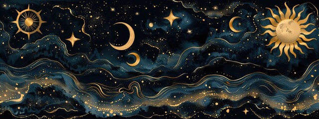 moons and suns, in the style of hand drawn celestial illustrations