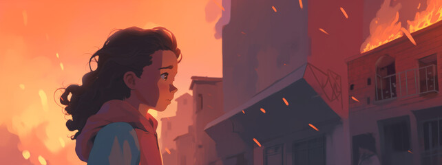 The flames of despair, illustration of a child stands solemnly in front of a raging fire amidst the ruins of a war-torn city, her expression reflecting both sadness and fear